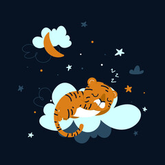 Cartoon tiger sleep on the clouds on dark background. Kids animal illustration for nursery