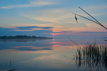 Morning by the lake. Beautiful spring sunrise