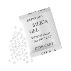 Vector illustration of silica gel in white bag with a scattered pile of moisture adsorbent granules, desiccant polymer balls. Form of silicon dioxide isolated on white. Desiccant hygroscopy substance.