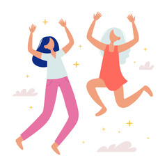 Happy girls jump up. Concept of success. Happy meeting. Flat style modern design for web page, social media, poster.