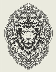 illustration lion head with vintage engraving ornament