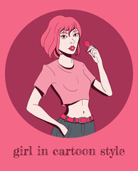 girl in casual clothes in cartoon style, pink colours