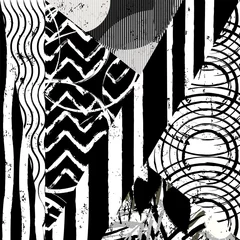 Gordijnen abstract geometric background pattern, with triangles, circles, paint strokes and splashes, black and white © Kirsten Hinte