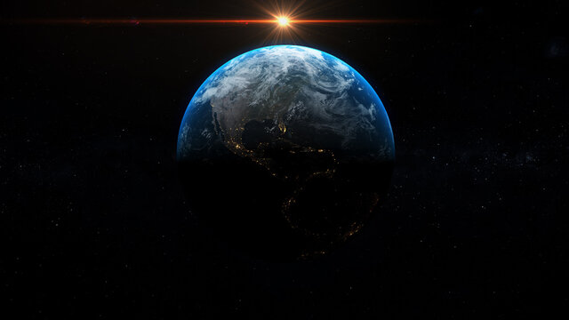 sunrise over earth in space, earth day , earth hour , spring equinox , summer solstice, winter solstice , america seen from space , 3d illustration