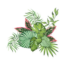 Tropical green and pink leaf bouquet. Hand drawn watercolor illustration.