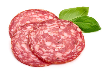 Italian Salami sausage slices, isolated on white background. High resolution image.