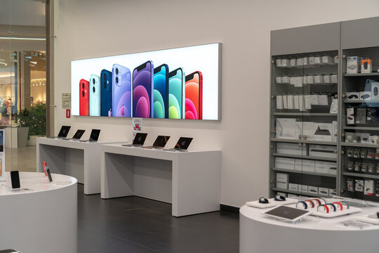 Apple authorized shop. The modern shop with apple products: Iphone, Macbook, Ipad, Apple logo. Russia, Tatarstan, June 10, 2021.