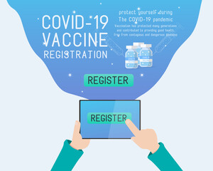 Flat Hand holding Tablet about Covid Coronavirus Vaccine Registration and press register button
