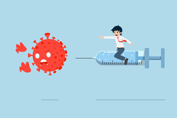 Salary Man Sitting on a large Syringe Vaccination against Coronavirus