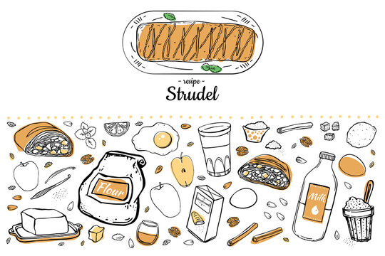 Illustration set of items for making Viennese traditional strudel.