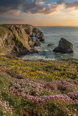 Beautiful landscape image during Spring golden hour on Cornwall coastline at Bedruthan Steps