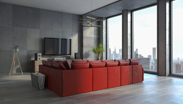 3d Illustation - modernes Loft - Studio - Atelier mit einer roten Couch - helle Wohnung
