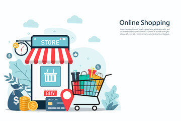 Online shopping with smartphone concept. business e-commerce. vector illustration in flat style modern design. copy space for text input. 