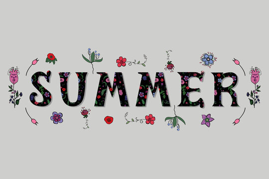 Beautiful word summer in floral style with floral decor around isolated. Vector illustration