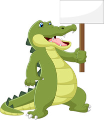 cartoon cute crocodile holding blank sign