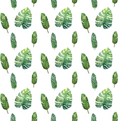 Seamless tropical pattern with green monstera leaves, banana leaves for design and decoration. Great for decorative paper, scrapbooking and design