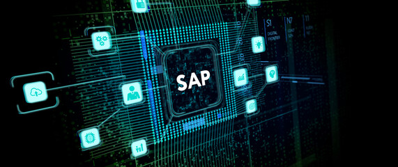 SAP System Software Automation concept on virtual screen data center. Business, modern technology, internet and networking concept