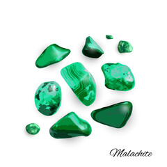 Malachite pebbles isolated, green polished mineral stones