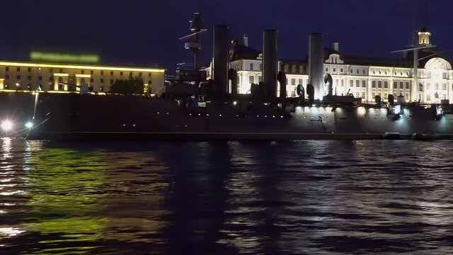 Night view from a boat on the Communist relic, the cruiser Aurora