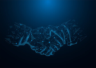 Business handshake lines low poly on blue dark blue background. Hands link internet digital connection. Business mission success concept. Vector illustration in flat design.