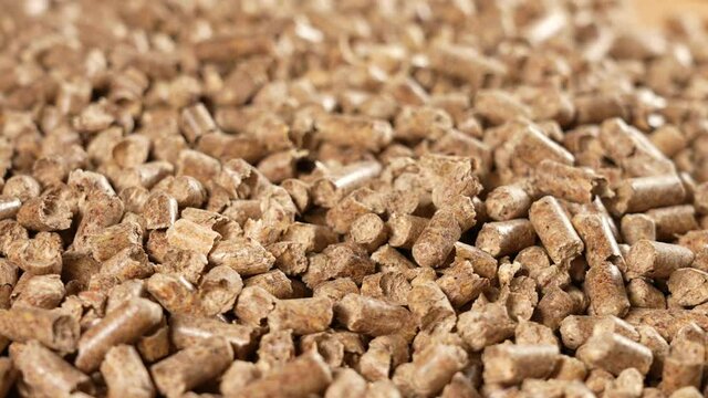 Close-up view 4k stock video footage of brown organic wooden granules (pellets) isolated with shallow depth of field