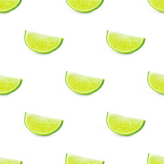 Green limes and lime slices repeat seamless pattern on white background.