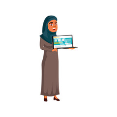 islam woman presenting web site on laptop monitor cartoon vector. islam woman presenting web site on laptop monitor character. isolated flat cartoon illustration