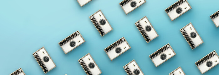 Vintage camera pattern on blue background.