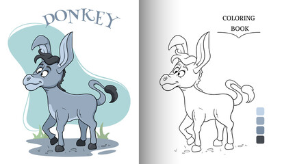 Animal character funny donkey in cartoon style coloring book page