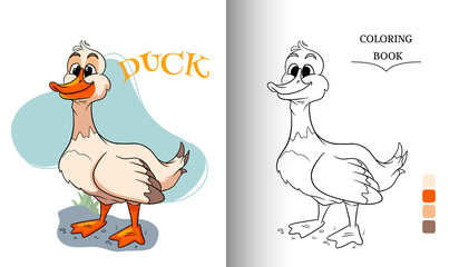Animal character funny goose in cartoon style coloring book page