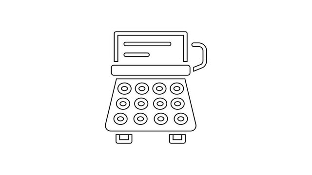 Black line Retro typewriter and paper sheet icon isolated on white background. 4K Video motion graphic animation