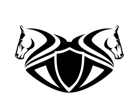 two horse heads and heraldic shield - equestrian sport black and white vector emblem design
