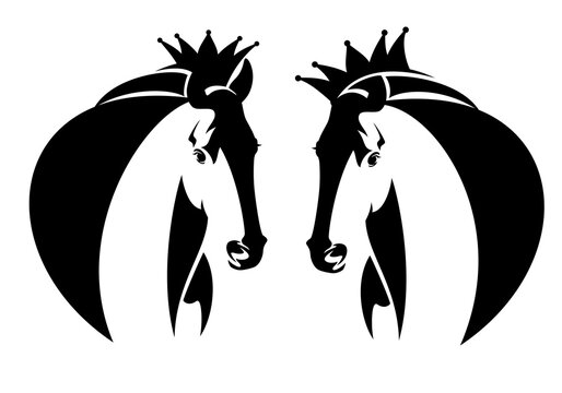 wild mustang stallion wearing king crown - royal horse profile head black and white vector portrait