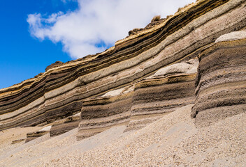 Stunning geological formations made of colorful pyroclastic layers on the slopes of Chimborazo...