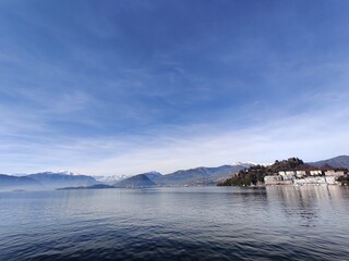 Beautiful view Lago Maggiore and Alps in winter near Verbania Italy 