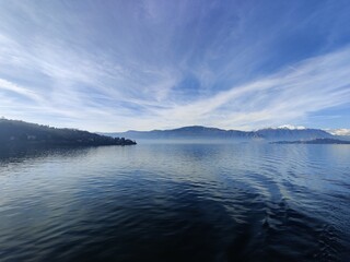 Beautiful view Lago Maggiore and Alps in winter near Verbania Italy 