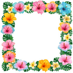 Watercolor colorful hibiscus and frangipani tropical wreath