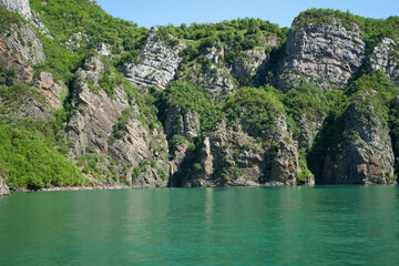 Naklejka na ściany i meble Lake Komani in Albania in spring 2021 journey on a boat ferry