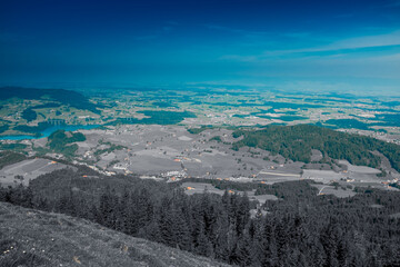 Panoramic landscape view of the county of Fribourg ,with the lake of Gruyère in the background,...
