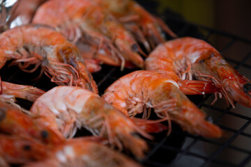 Close up shrimps on the grill