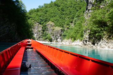Shala River - North Albania with red boat