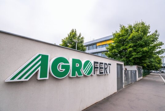 The logo of AGROFERT, a.s. on the building of its headquarters.
