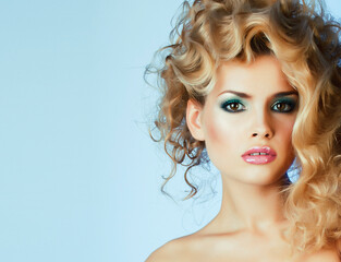 beauty blond woman with curly hair close up isolated, fashion makeup and style