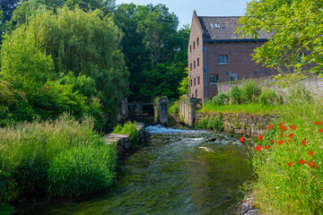 Fototapeta na wymiar Long exposure of a water rapid of the Nekummer watermill in the Jeker river in the valley with blooming wild flowers and a old cottage just outside Maastricht