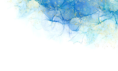 Blue abstract alcohol ink with gold splatter background. Abstract watercolor background. 