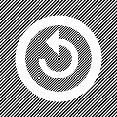 A large replay media symbol in the center as a hatch of black lines on a white circle. Interlaced effect. Seamless pattern with striped black and white diagonal slanted lines