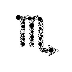 A large zodiac scorpio symbol in the center made in pointillism style. The center symbol is filled with black circles of various sizes. Vector illustration on white background