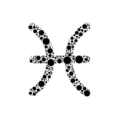 A large zodiac pisces symbol in the center made in pointillism style. The center symbol is filled with black circles of various sizes. Vector illustration on white background