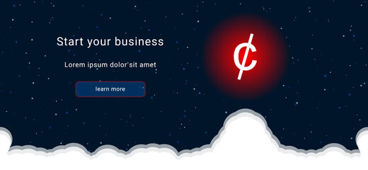 Business startup concept Landing page screen. The cent symbol on the right is highlighted in bright red. Vector illustration on dark blue background with stars and curly clouds from below