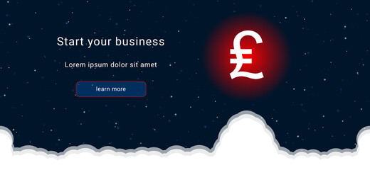 Business startup concept Landing page screen. The lira symbol on the right is highlighted in bright red. Vector illustration on dark blue background with stars and curly clouds from below